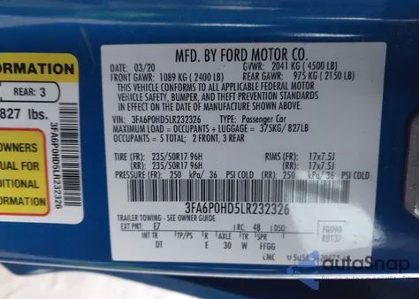 2020 Ford Fusion Se z USA, uszkodzony, nr VIN 3FA6P0HD5LR232326